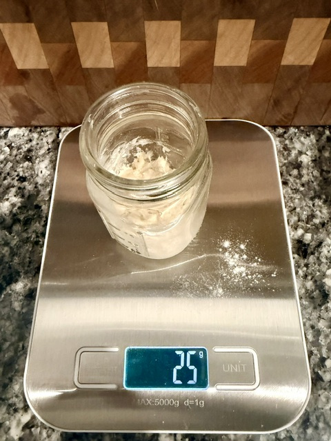 25 g flour added during a typical 1:5:5 feeding in the 5 gram sourdough starter method