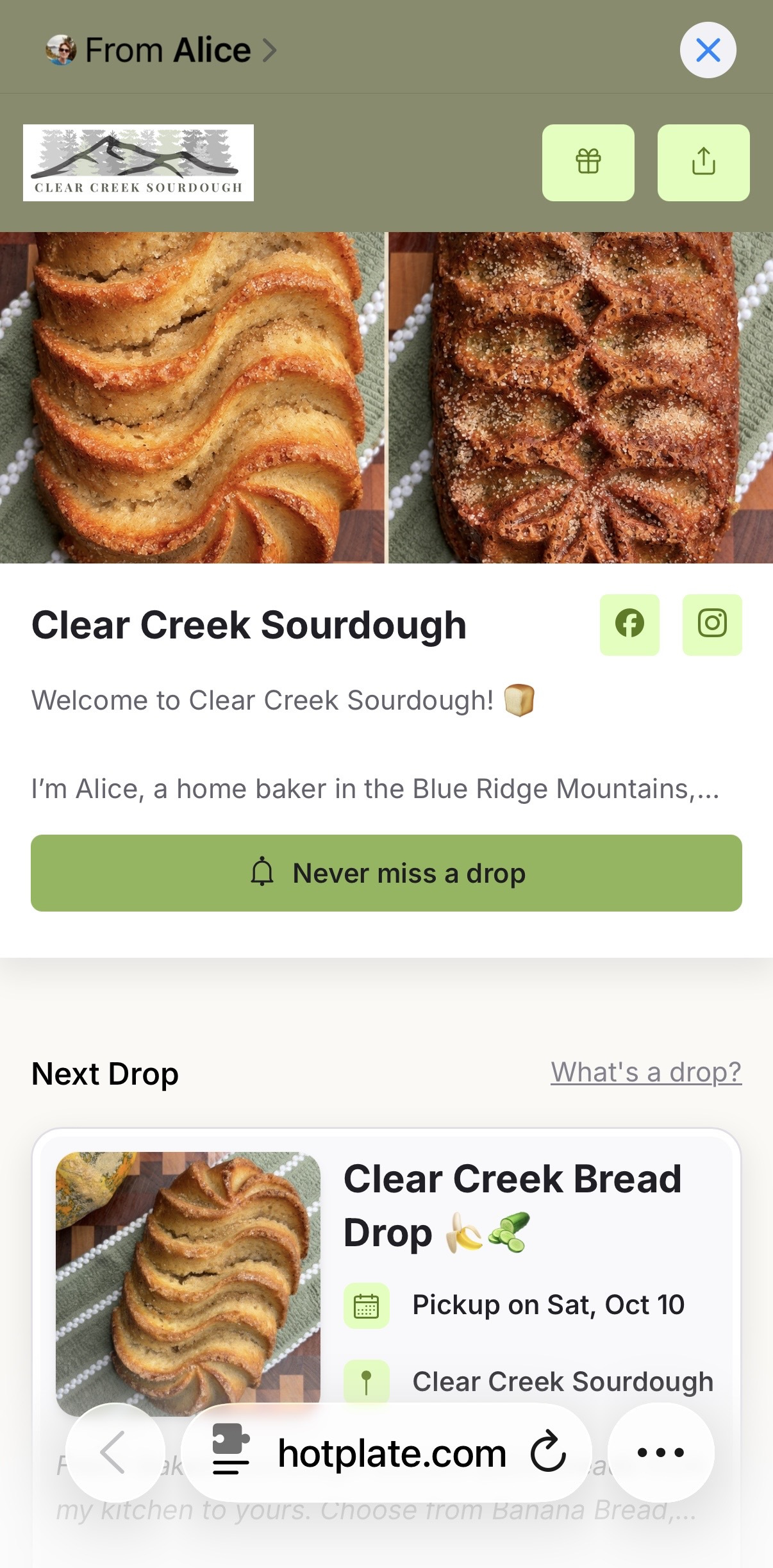 Clear Creek Sourdough Hotplate customer storefront screenshot